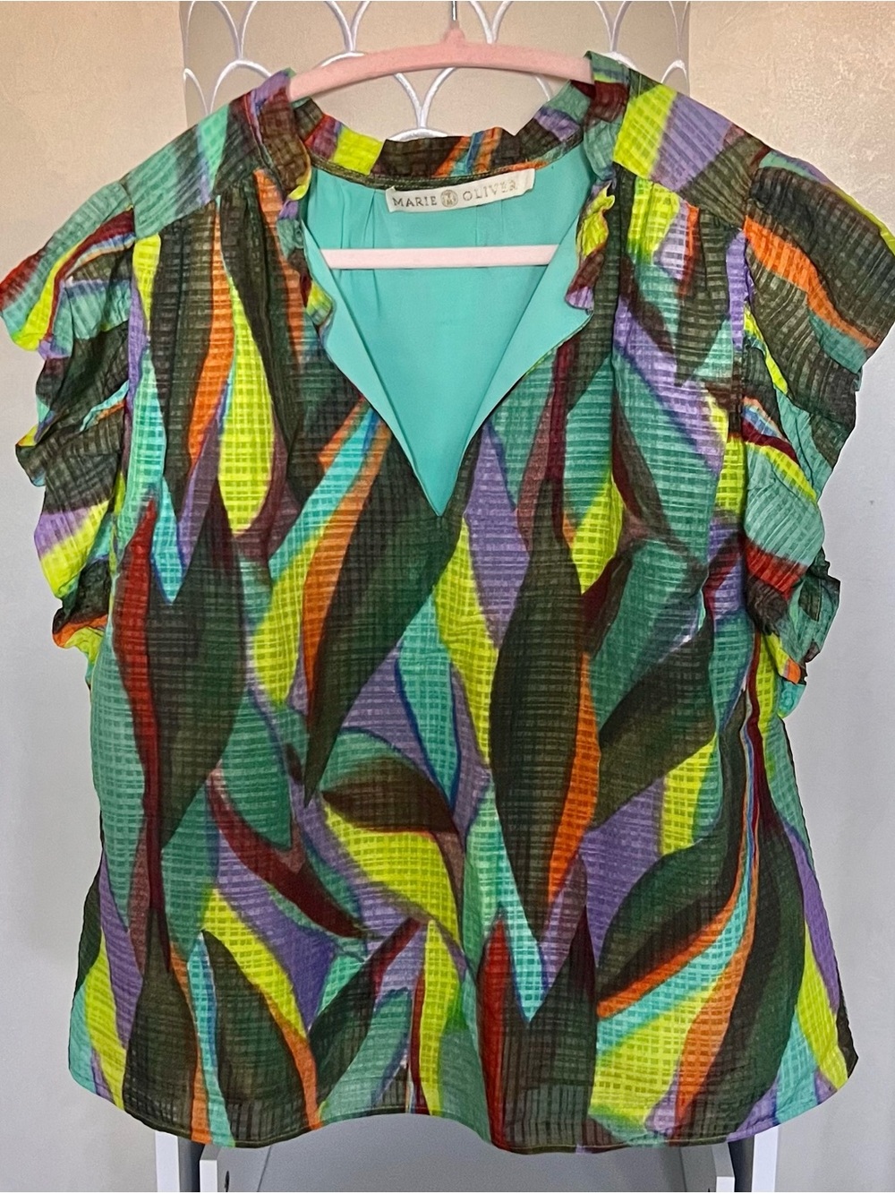 Marie Oliver Teal Multicolor Leaf-Print V-Neck Ruffle Sleeve Top